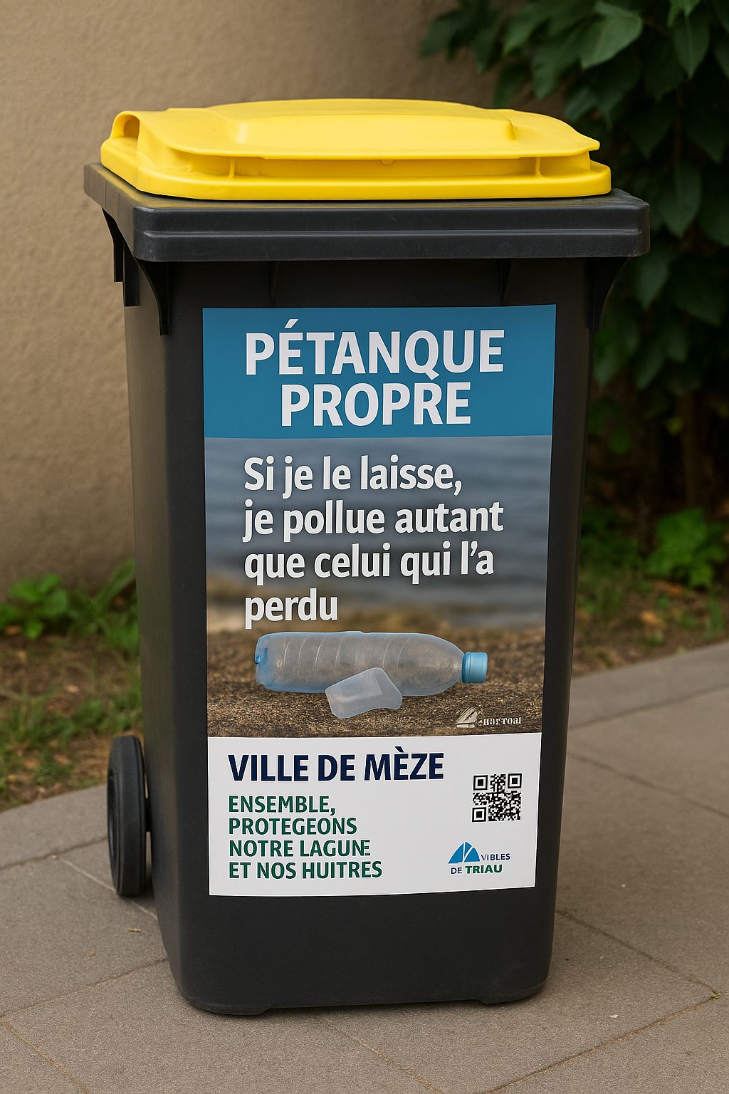 poubelle jaune avec une affiche Image de sensibilisation. Pour sensibiliser aux déchets jetés dans la mer ou l'étang
