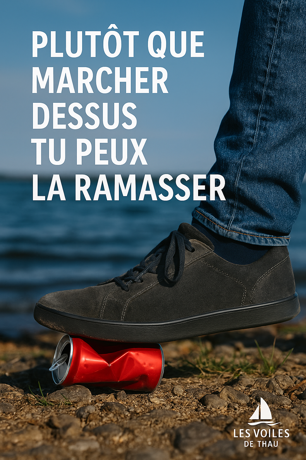 Pied écrasant une canette Image de sensibilisation contre les déchets dans la nature