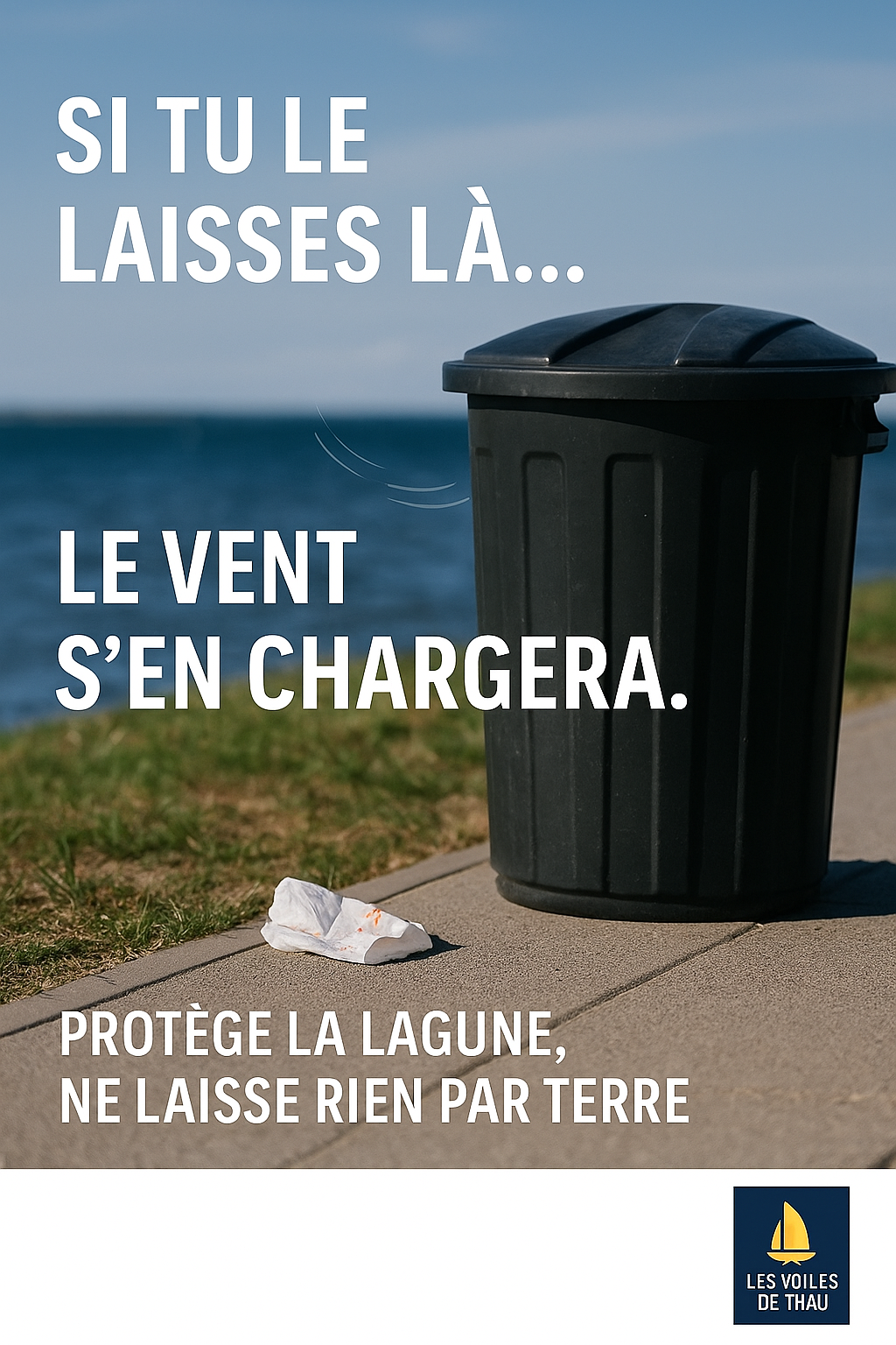 poubelle noire avec un déchet a ses pieds Image de sensibilisation contre les déchets dans la nature
